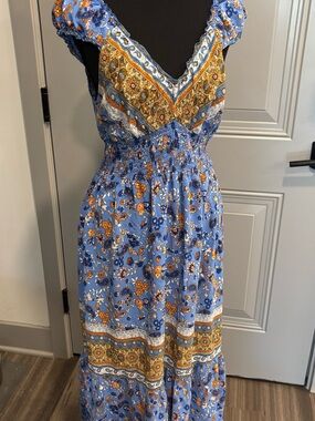 Boho Blue Floral Maxi Dress with Smocked Waist